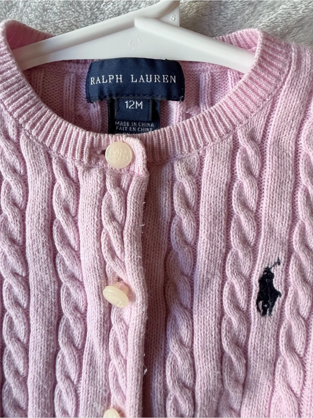 Ralph Lauren Pink Cable-Knit Baby Cardigan with Pony